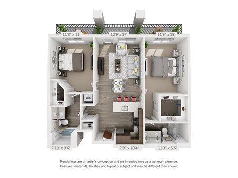 Floor plan for 2 beds, 2 baths, 1247 sqft
